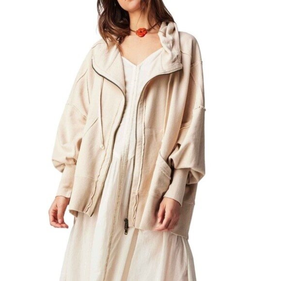 FREE PEOPLE Tops - Free People Cream Oversized Zip Hoodie